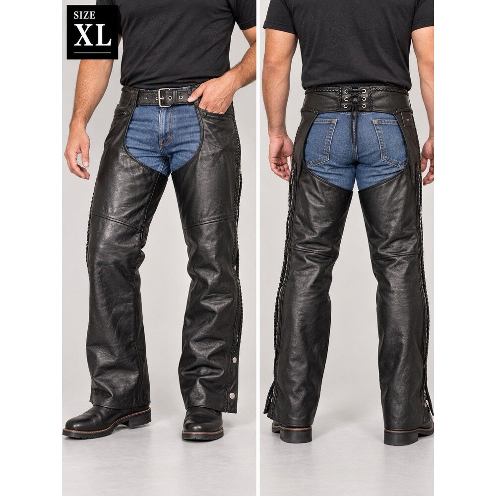 FMC First Manufacturing Black Leather Motorcycle Chaps XL Biker Braided Lace Up